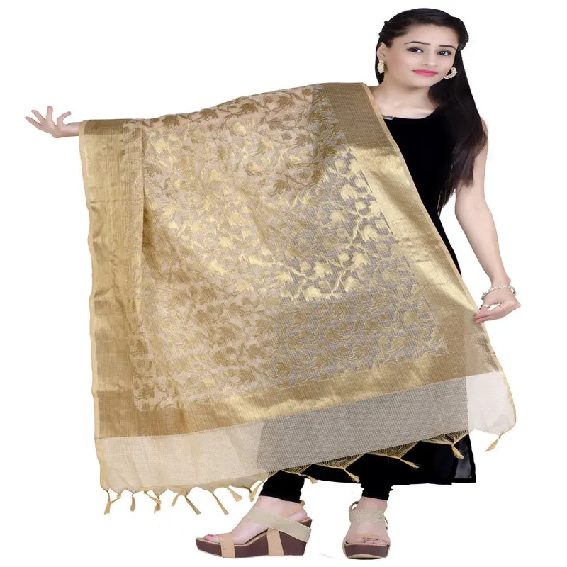 

Женский Плетеный вручную бежевый шарф Zari Work Banarasi дупатта, свободный размер (D111BEI)