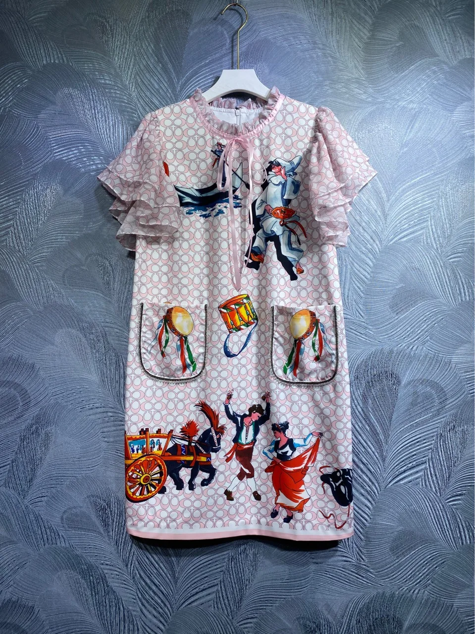 

Pink Color Embroidery Ruffles Sleeves Women Dress Loose Casual Pockets Summer Vintage Lady Straight Dresses Clothing