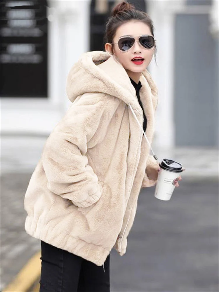 Temperament Slim Plus Velvet Thickened Imitation Rabbit Fur Coat Women 2022 Winter New Hooded Solid Color Plush Long Sleeve Coat