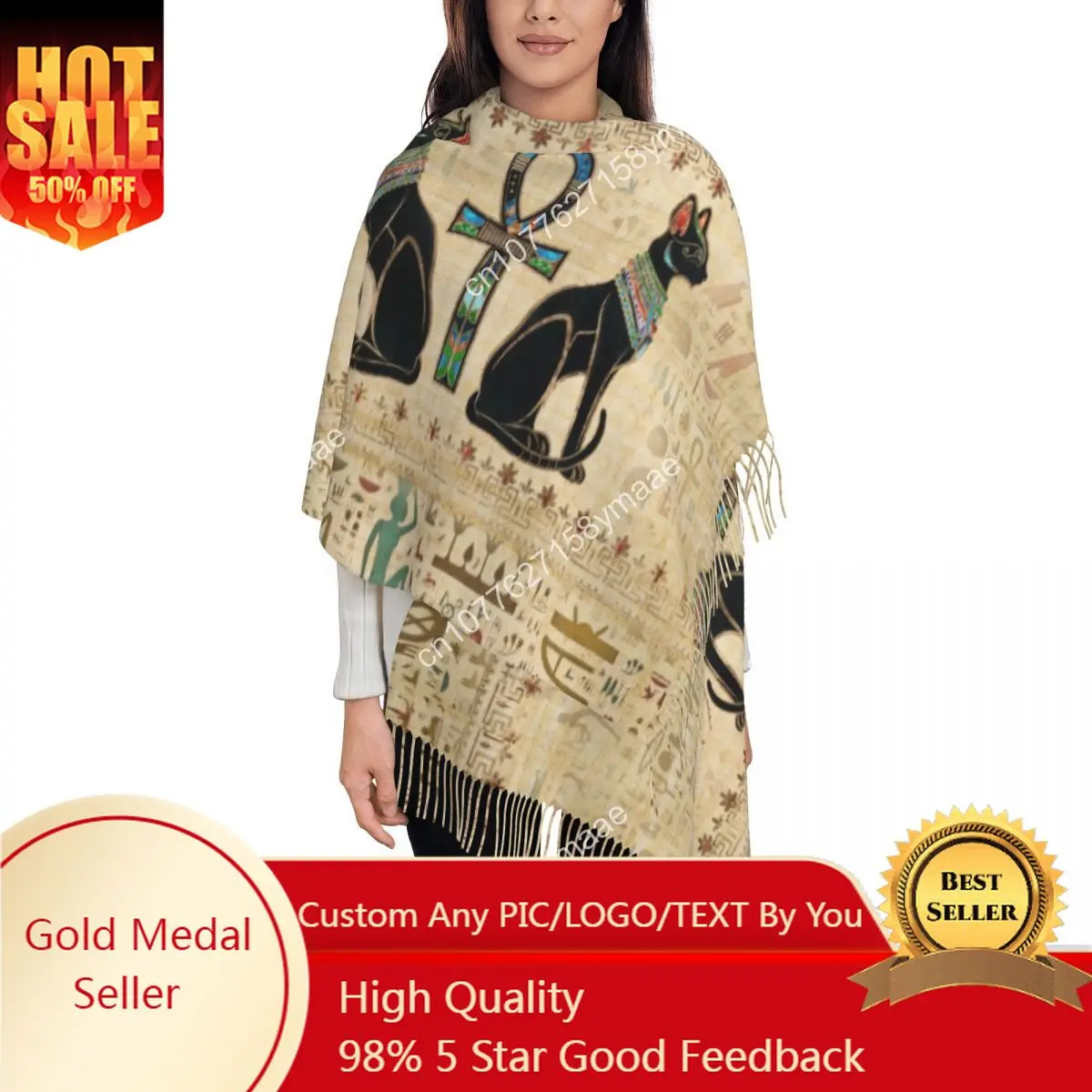 

Middle East Egyptian Cats And Ankh Cross Tassel Scarf Women Soft Horus Eye Egypt Hieroglyphic Shawl Wrap Female Winter Scarves