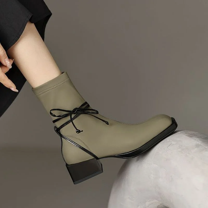 2022 Fashion Ankle Boots Thick Bottom Zipper Pu Leather Autumn Botas De Mujer Square Toe Mid-heel Winter Short Boots New