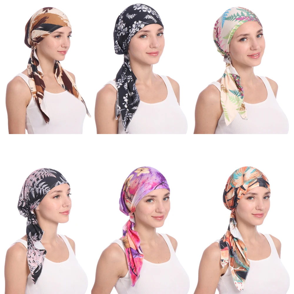 

Women Print Chemo Cap Pre-Tied Hat Long Tail Bonnet Muslim Hijab Stretch Headscarf Bandanas Headband Hair Loss Scarf Wrap Beanie