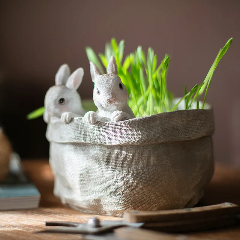 Pastoral Cute Pocket Rabbit Succulents Flower Pot Animal Sculpture Courtyard Balcony Resin Crafts Garden Decoration Ornaments