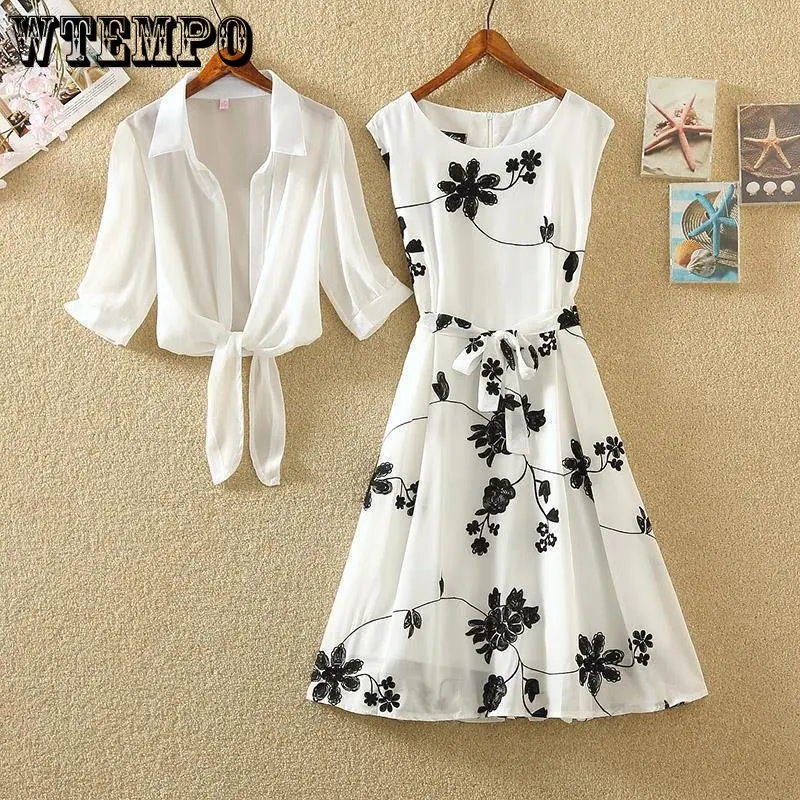 

Set Vintage Print Black Skirt High Waist Sleeveless A-line Dress Two Piece Dress New Fashion In Summer Wholesale