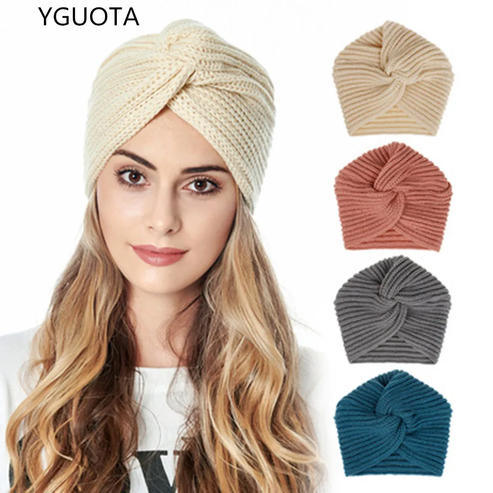 

2021 Autumn/Winter Hats Women In Europe And The Pure Color Yarn India Cap Muslim Crossover Knitted Turtleneck Cap