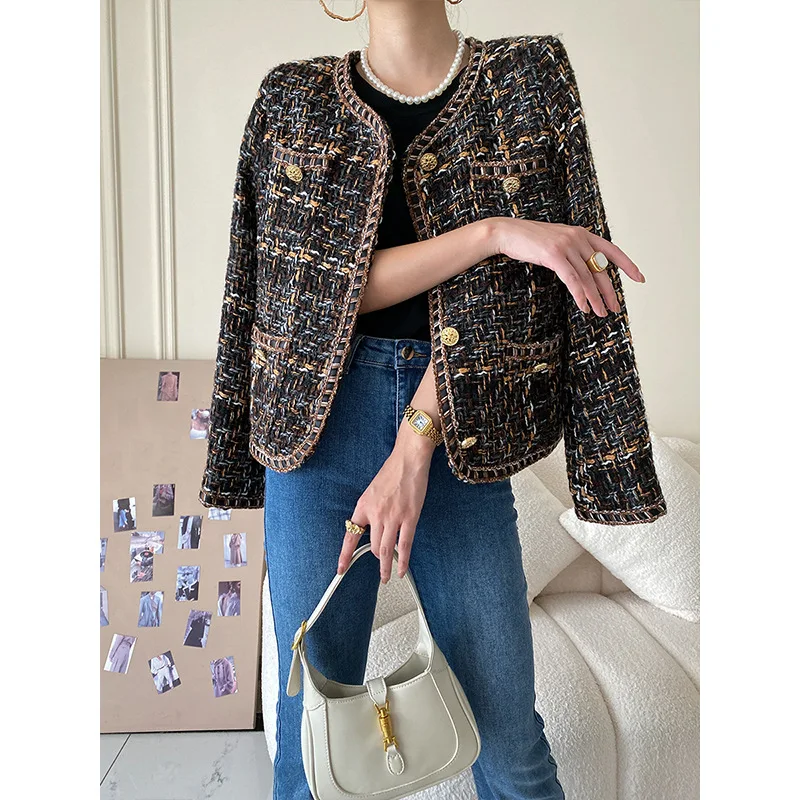 French chain check tweed coat shoulder pads