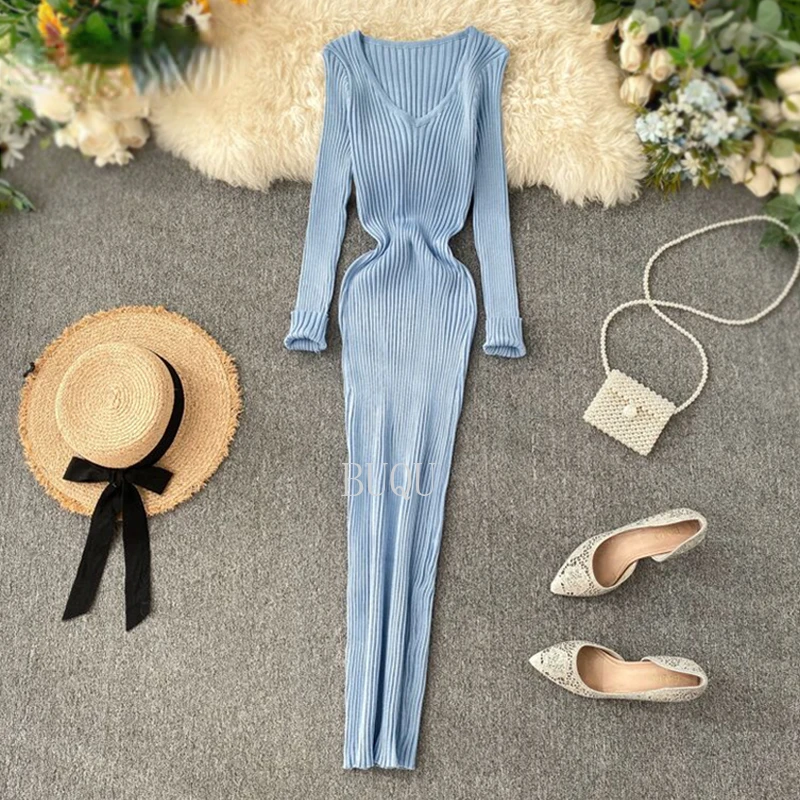 

Women Autumn Knitted Dress V Neck Sexy Slim Elastic Oversized Basic Bodycon Long Dress Winter knit Warm Sweater Dresses|Dresses