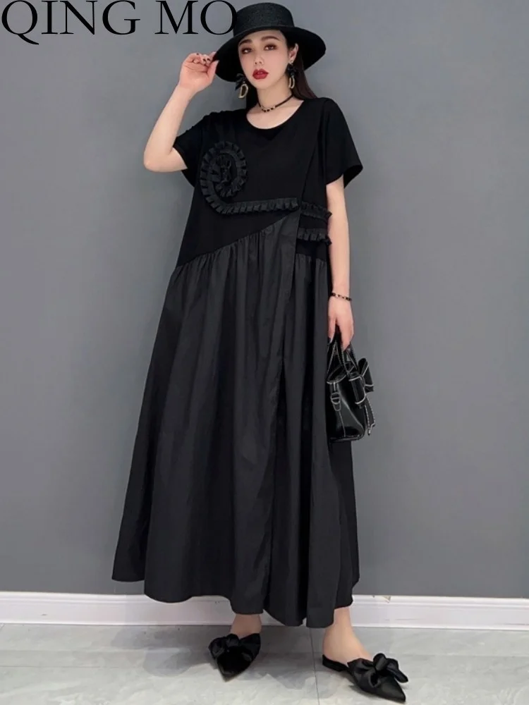 QING MO 2023 Summer New Fashion Loose Short Sleeve Dress Women T-shirt Spliced Cotton Hemp Casual ZXF2192