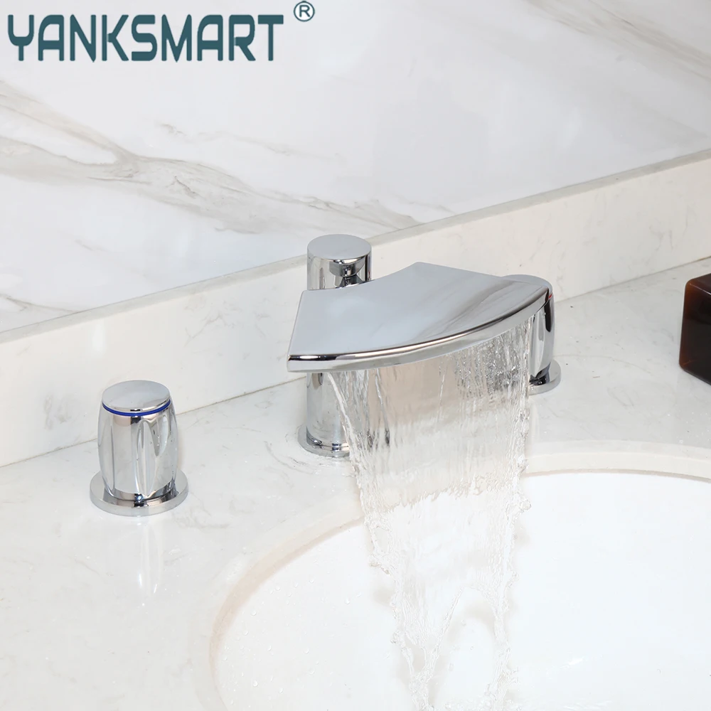 

YANKSMART Chrome Polished Basin Faucet Retro Industrial Style Bathroom Sink Faucet 3 Holes Double Handle Mixer Water Tap Set