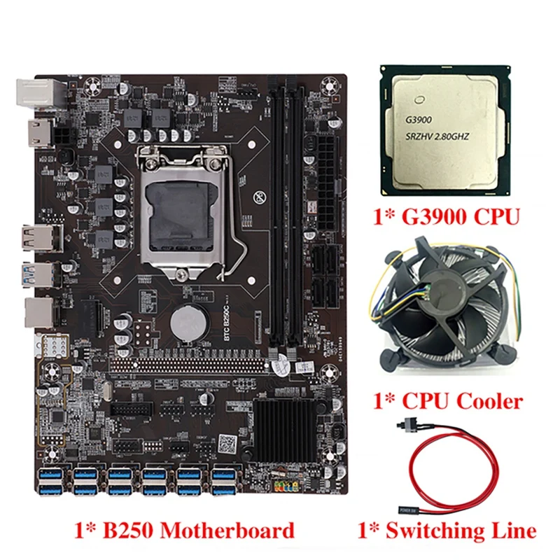 

B250C BTC Mining Motherboard with G3900 CPU+Cooling Fan+Switch Cable+SATA Cable 12 USB3.0 Slot LGA1151 DDR4 RAM SATA3.0