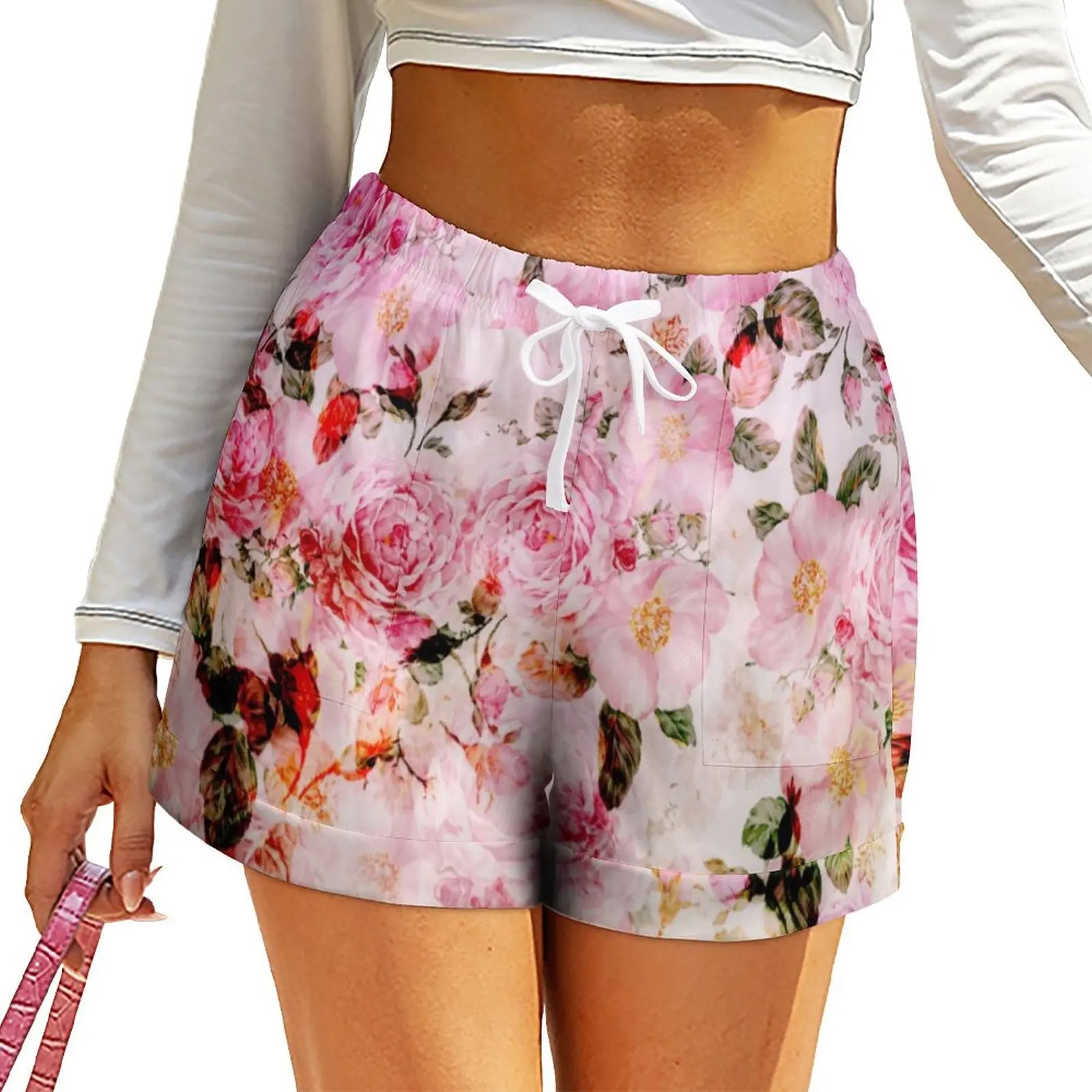 

Watercolor Roses Shorts High Waisted Beach Shorts Ladies Casual Oversized Short Pants Summer Design Bottoms