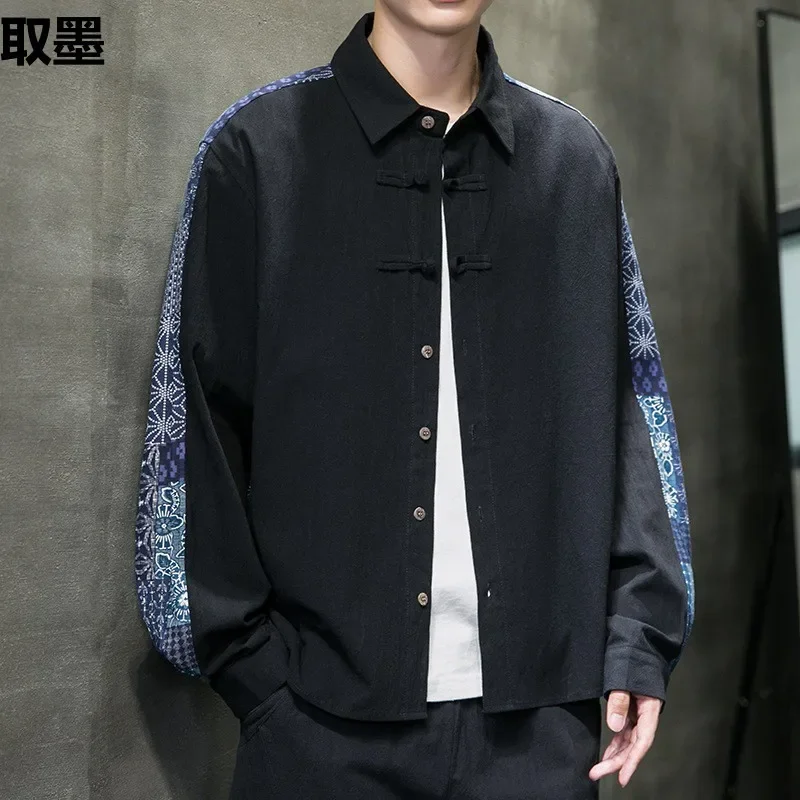 Свободный крой плюс размер мужская куртка в китайском стиле рубашка молодежный