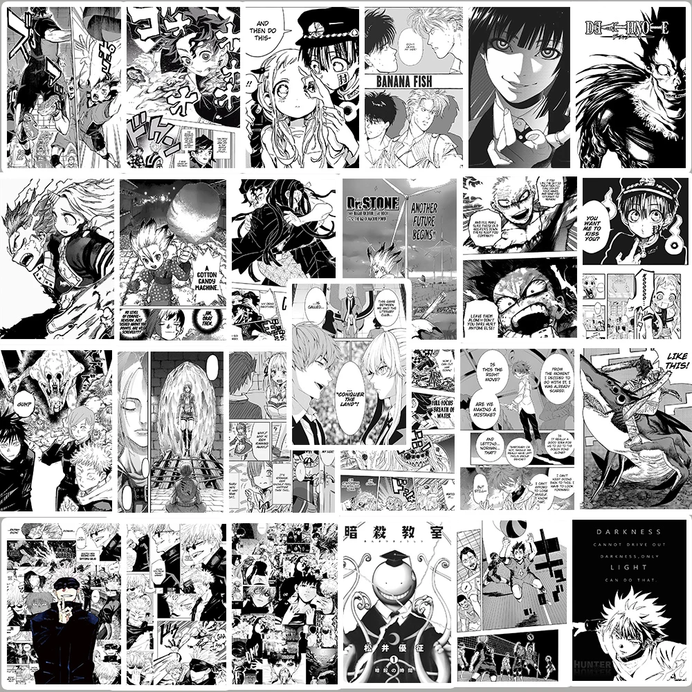 25PCS Black And White Anime Posters Demon Slayer/Jujutsu Kaisen/HUNTER Waterproof Stickers Laptop PVC iPad Bicycle Toy Decals