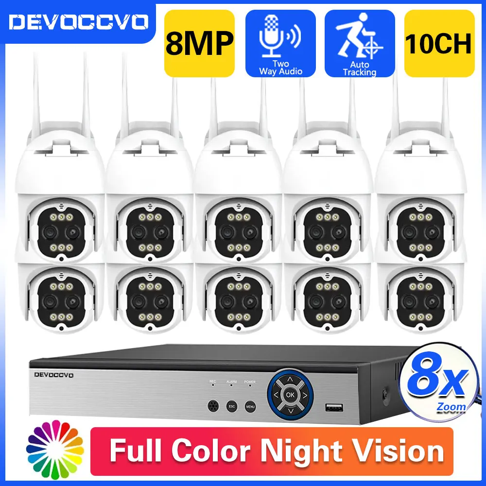8X Zoom 10CH 8MP Wifi Camera System Smart AI PTZ Camera Human Detection Two-way Audio Color Night Vision Security Surveillance