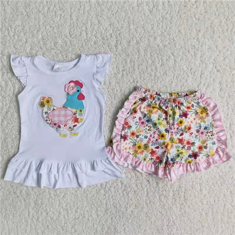 

summer kids girl clothing flutter sleeve white top and floral pink shorts 2 pcs children clothing set