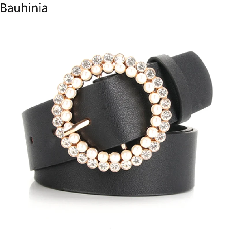 Bauhinia High Quality 106*3.5cm Pearl Alloy Buckle Simple Design Belt PU Fashion Elegant Woman Pin Buckle Belt