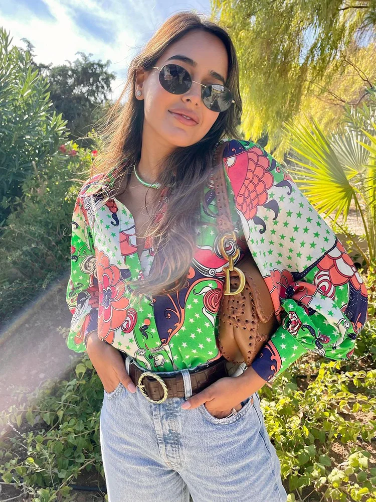 

Spring Autumn 2022 Fashion Women Clothing Button Up Vintage Print Shirt Blouse Top Turn Down Collar Long Sleeve Loose Shirts