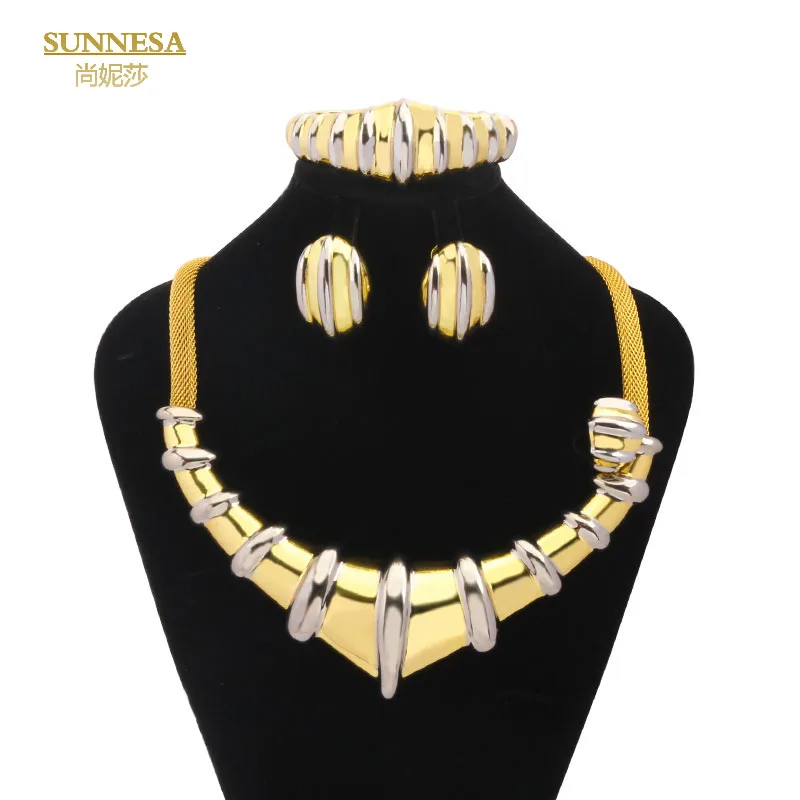 

Double Color Dubai Jewelry Set Women Ring Link Large Pendant Design 18K Gold Plated Necklace Sets African Jewelry for Party