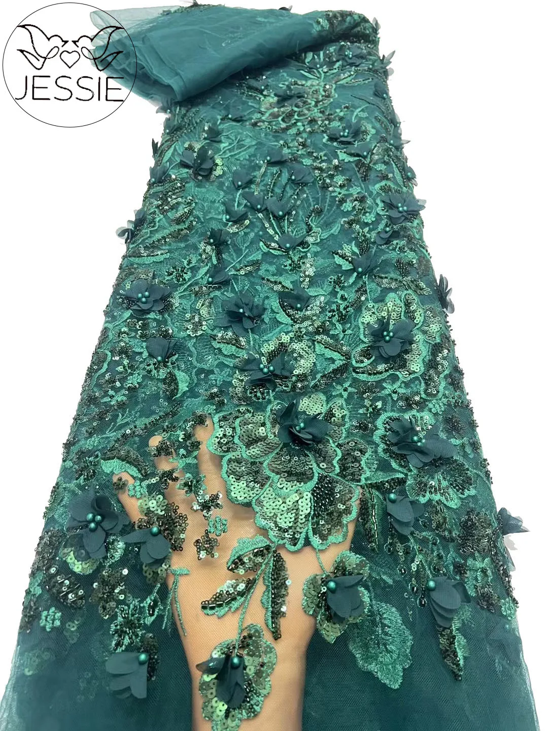 Новейшая французская кружевная ткань 2024 с 3D вышивкой цветочными блестками