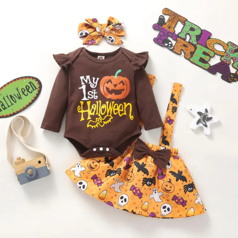 

Halloween Costume Toddler Baby Girl Clothes Set Long Sleeved Cotton Pumpkin Print Jumpsuit+Skirt+Headband Children Clothing Suit