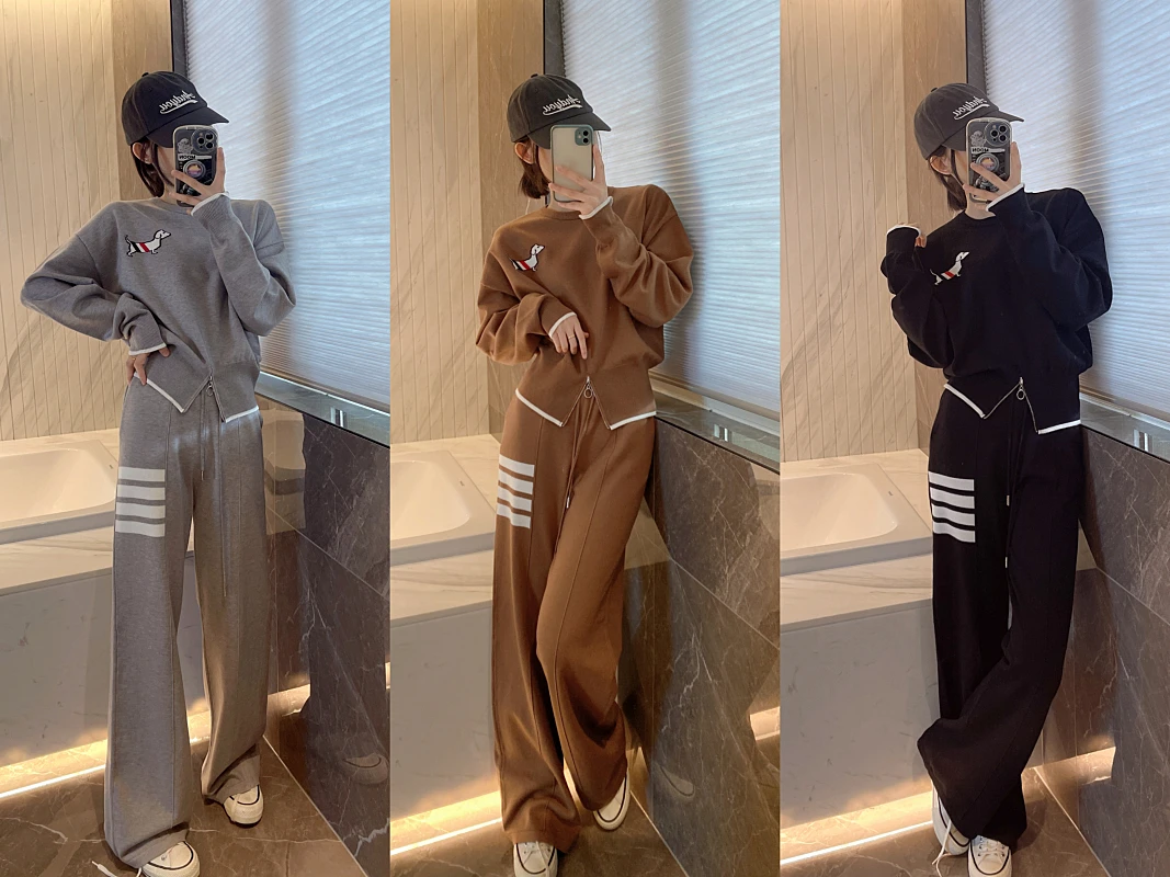 TB Dog Casual Fashion Sports Knitting Suit Women Loose Thin Four Bar Round Neck Long Sleeve Straight Trousers Two-piece Set