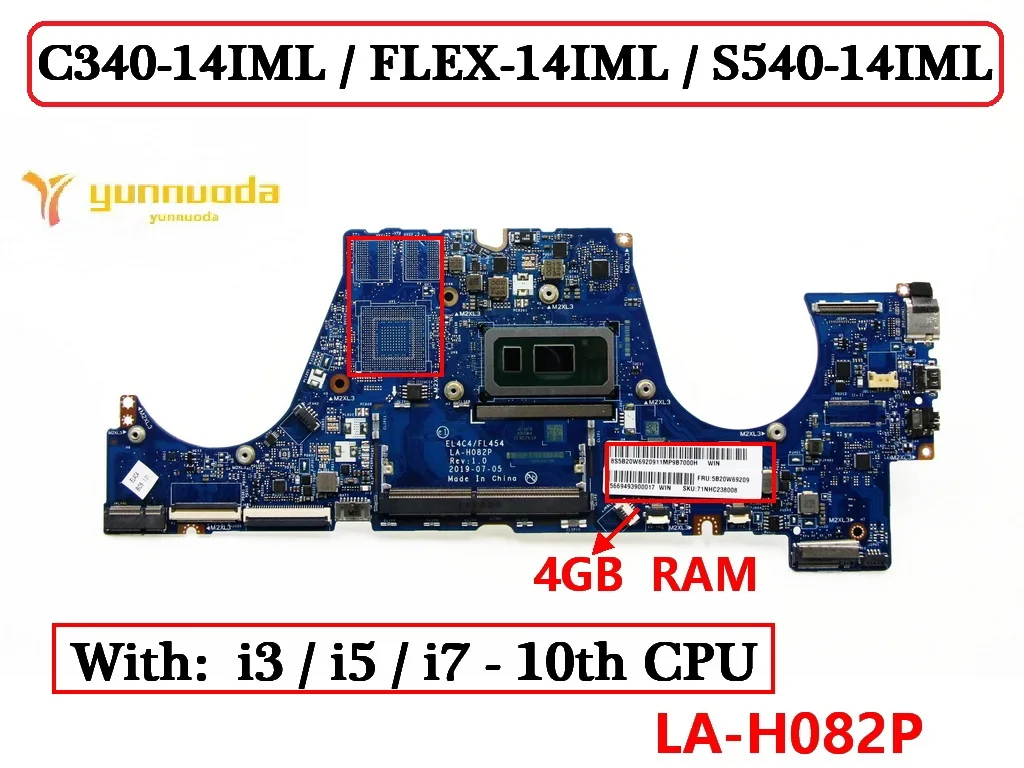 

LA-H082P For Lenovo C340-14IML FLEX-14IML S540-14IML Laptop Motherboard With i3 i5 i7 10th CPU 4GB RAM 100% Tested