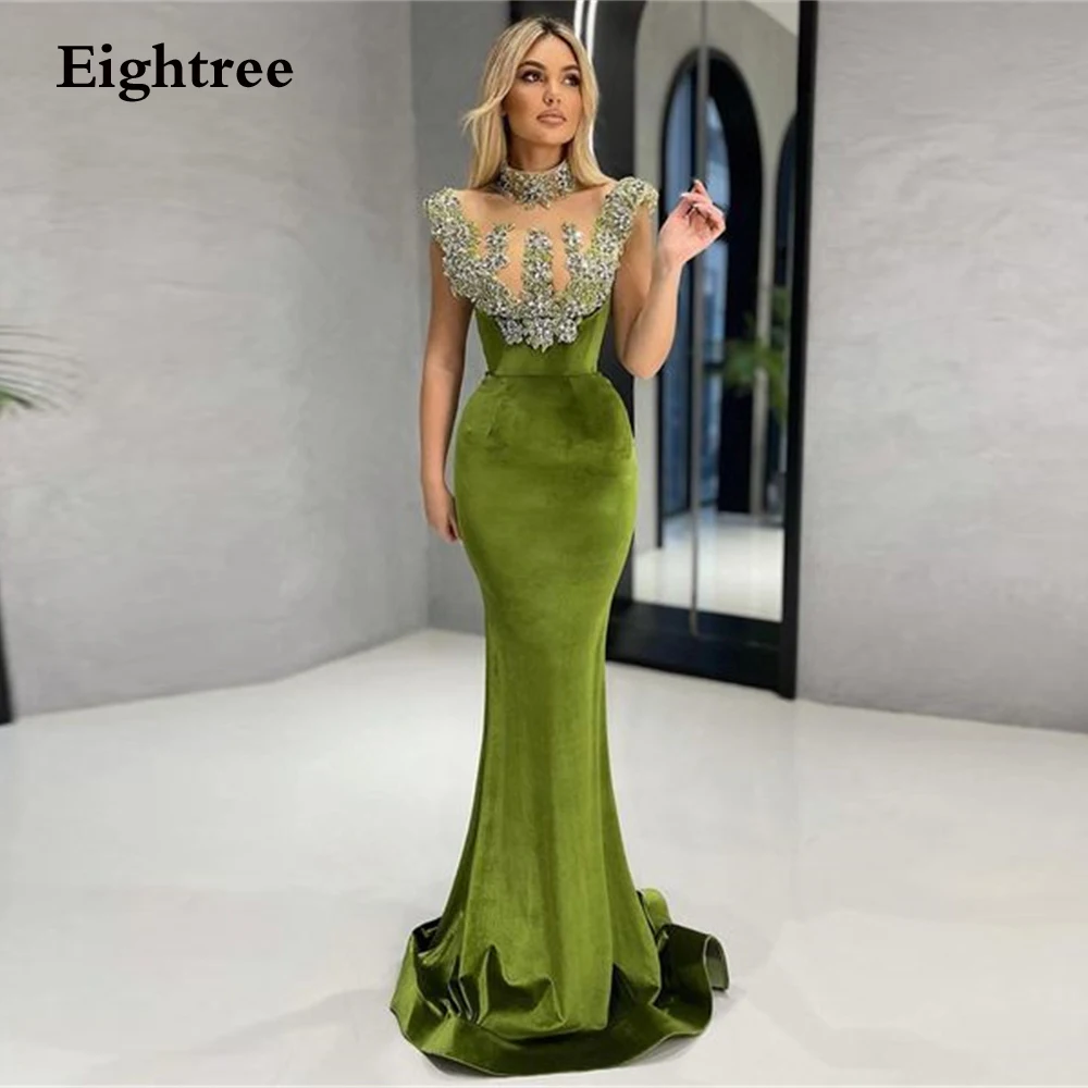 

Eightree Green Lace Appliques Prom Dresses 2022 Elegant Halter Neck Velour Mermaid Long Sleeveles Robes De Soirée Evening Dress