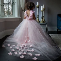 pink flower girl dresses for wedding shiny crystals beading sashes lace appliques party celebrity princess first communion gowns