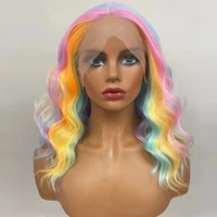 synthetic lace front free breakdown wigs for women rainbow short wavy fashion natural hair high temperature fiber dailycosplay