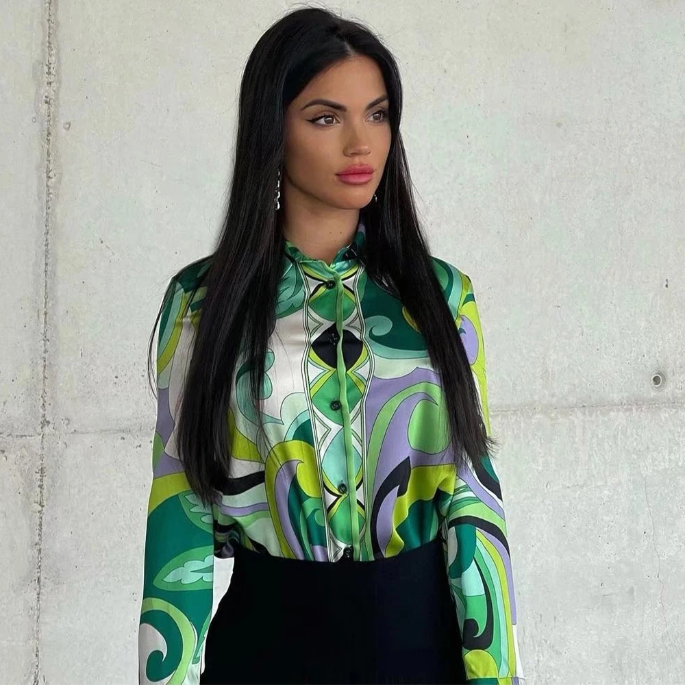 

2022 New Women Fashion Printed Shirt Long Sleeves with Wide Cuffs Female Blouse Chic Lady Spring Summer Top