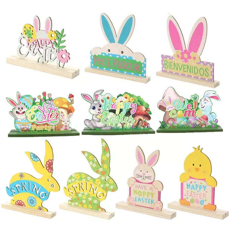 

Painted Wooden Easter Bunny Desktop Ornament Easter Eggs Rabbit Chick Decor Happy Easter Party Supplies Easter Table Decor Gifts