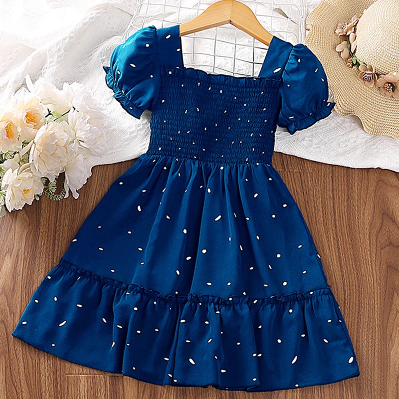 

Summer Blue Casual Skirts for Baby Girls Shortsleeve Dot Dress Clothes Fashion Toddler Baby Beach Simple Costume for 1-6 Years