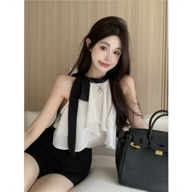 

MEXZT Halter Bow Blouses Women Korean Ruffles Sleeveless Chiffon Shirts Summer Office Lady Elegant Loose Casual All Match Tops