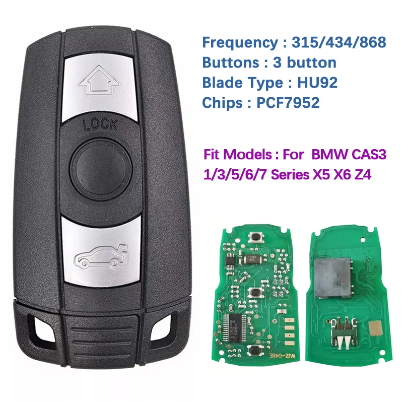 

CN006041 Aftermarket 3 Button Smart Keyless Remote Key For BMW CAS3 1/3/5/6/7 Series X5 X6 Z4 315/434 868MHz PCF7952 Chip HU92