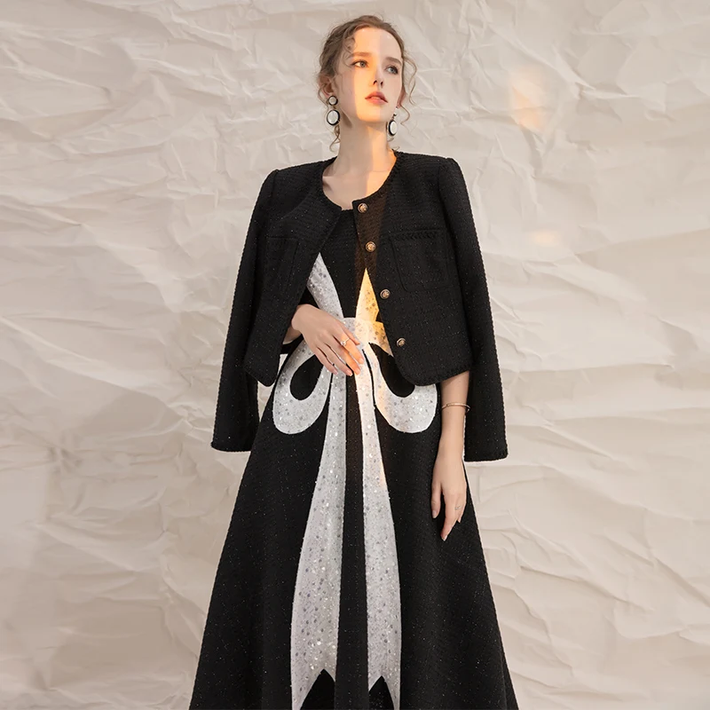 YIGELILA Fashion Women Tweeds Coats Elegant O-neck Full Sleeve Black Coats Chic Short Jackets 91296