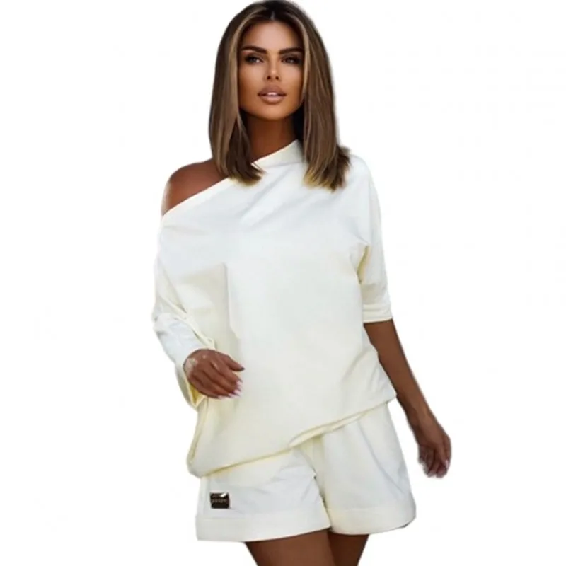 

Two Piece Shorts Sets Women Skew Neck T Shirt Tops Shorts Suit 2022 Fashion New Loose Casual Summer Homewear Short Tracksuit Set