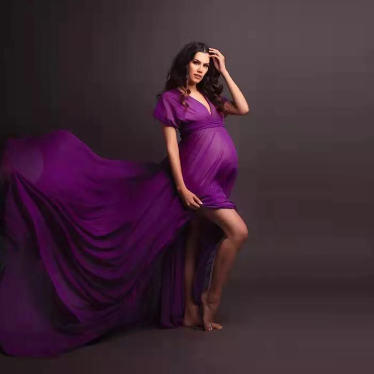 2022 New Dress Baby Shower Pregnancy  Pregnancy Photo Shoot Short Sleeve Deep V-neck Elegant Long Tail Skirt Grossesse Vestidos enlarge