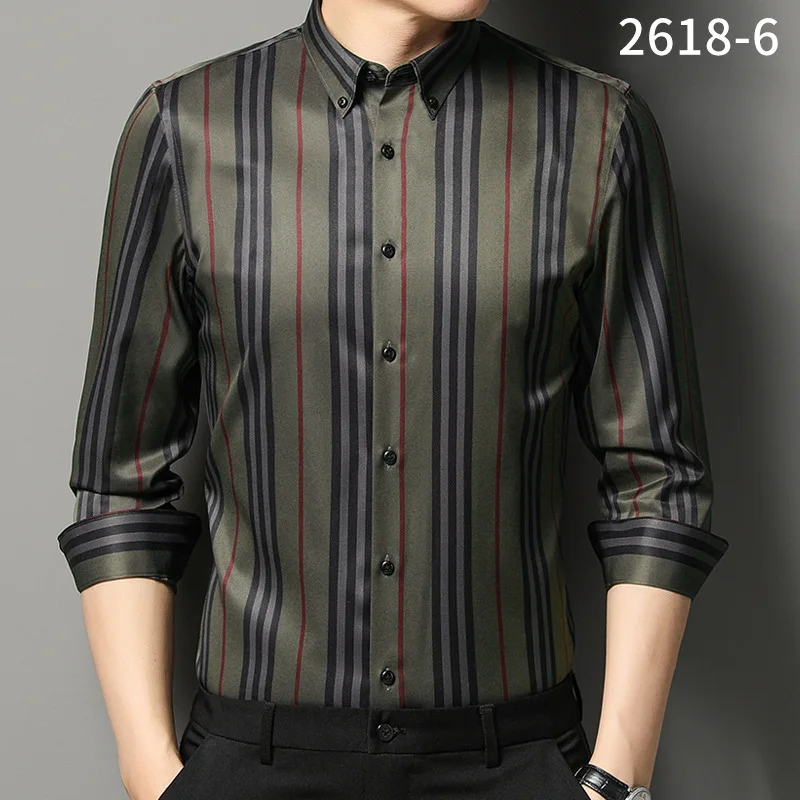 2022 New Stretch Business Shirt Stripe Long Sleeve Casual Trim Youth Long Sleeve Shirt Four Seasons No-iron Men's Shirt