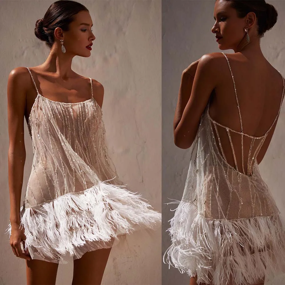 

New Arrive Sexy Mini Feather Evening Dress With Crystal 2023 Shine Sequined Spaghetti Bridal Gowns Party Dresses Customized