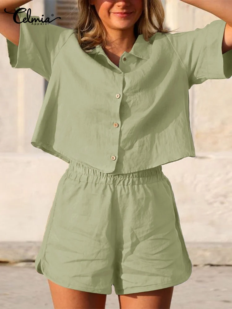 

Модный топ с отложным воротником и коротким рукавом и эластичная талия, женский летний однотонный костюм Celmia, комплект из 2 предметов, 2022, по...