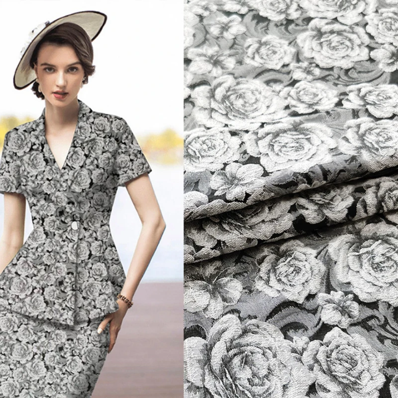 

Jacquard Brocade Fabric French Romantic Embossed Rose Clothing Cloth for Dress Trench Coat Dark Pattern By The Yard