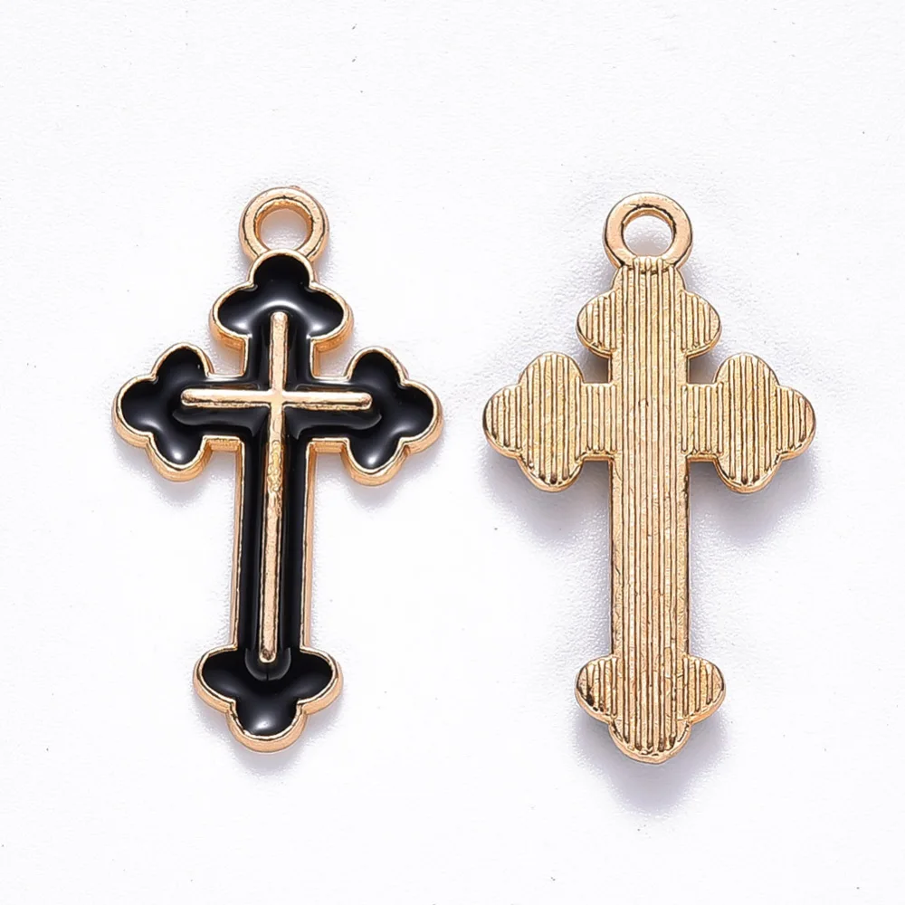 

10PCS Alloy Enamel Pendants Cross Light Gold Black 25x14x2mm Hole: 1.8mm