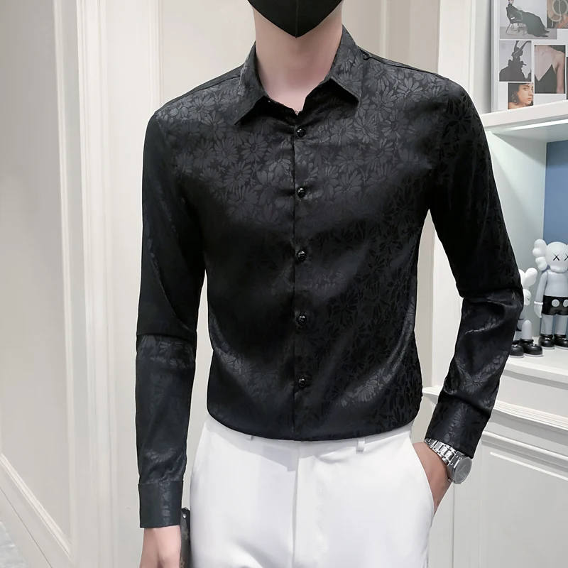 2022 Imitation Silk Men Shirts Autumn Long Sleeve Slim Casual Shirt Business Formal Dress Shirt Social Party Blouse Men Clothing