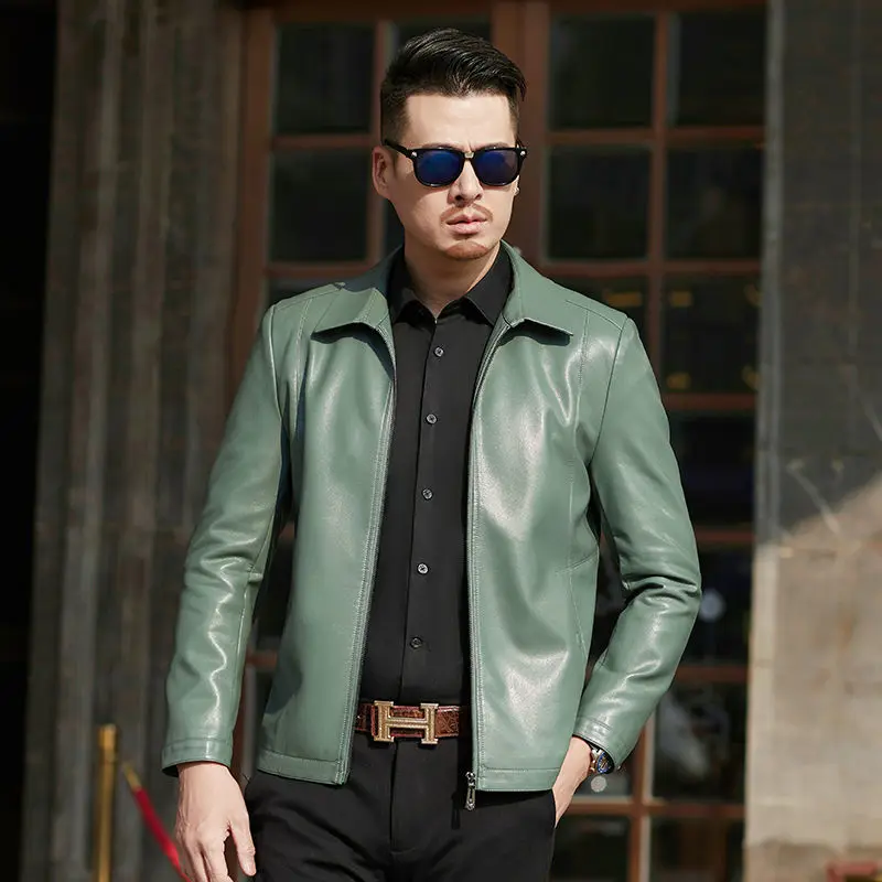 Мужская кожаная куртка с коротким отворотом коричневая Повседневная Деловая из