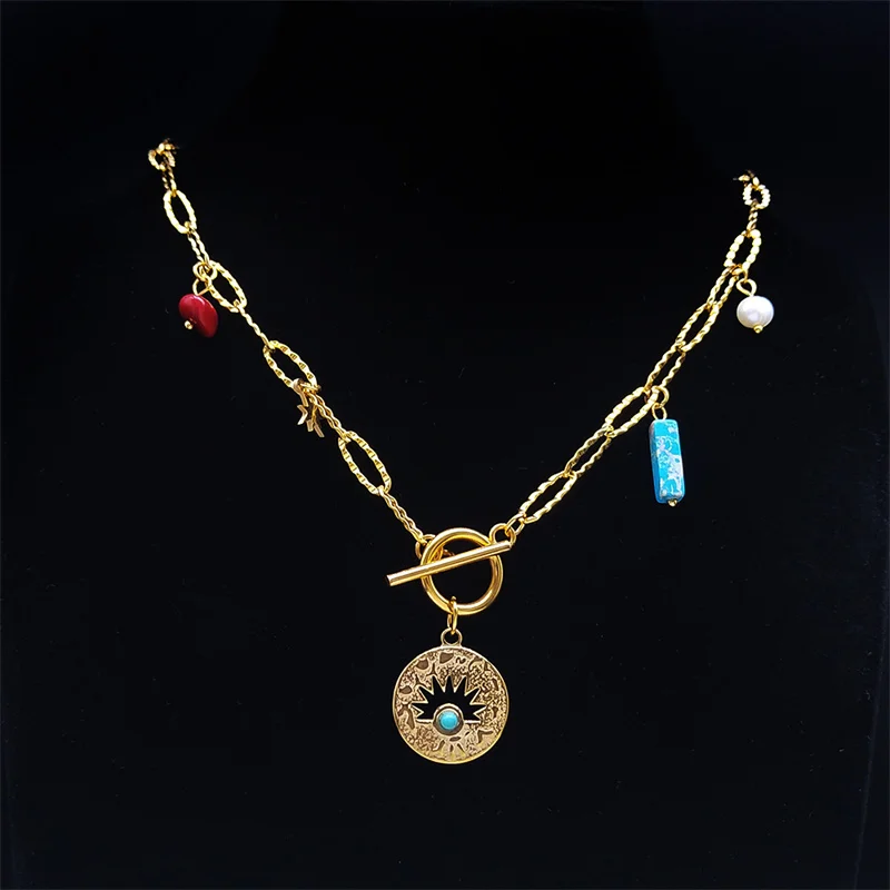 

2023 Vintage Sun Star Stone Pearl Tassel OT Buckle Necklace Stainless Steel Gold Color Necklaces Punk Aesthetic Jewelry NA18S04