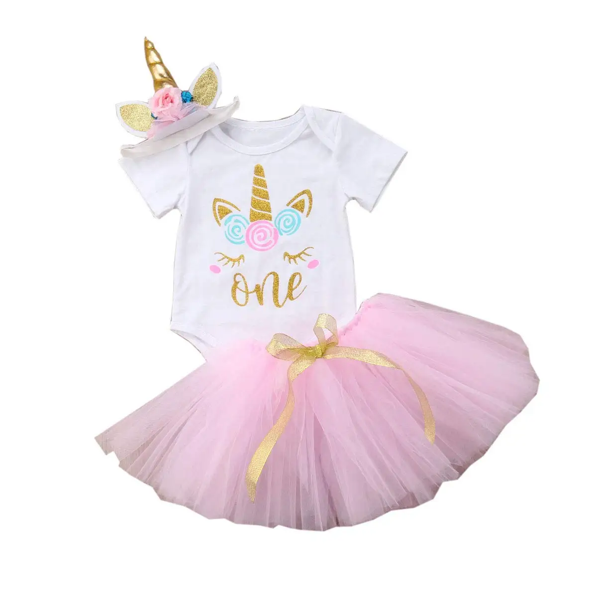 

New 0-24M Baby Girls Cartoon Short Sleeves Romper + Tulle Tutu Skirt + Head Band Unicorn Newborn 3PCS Outfits Set