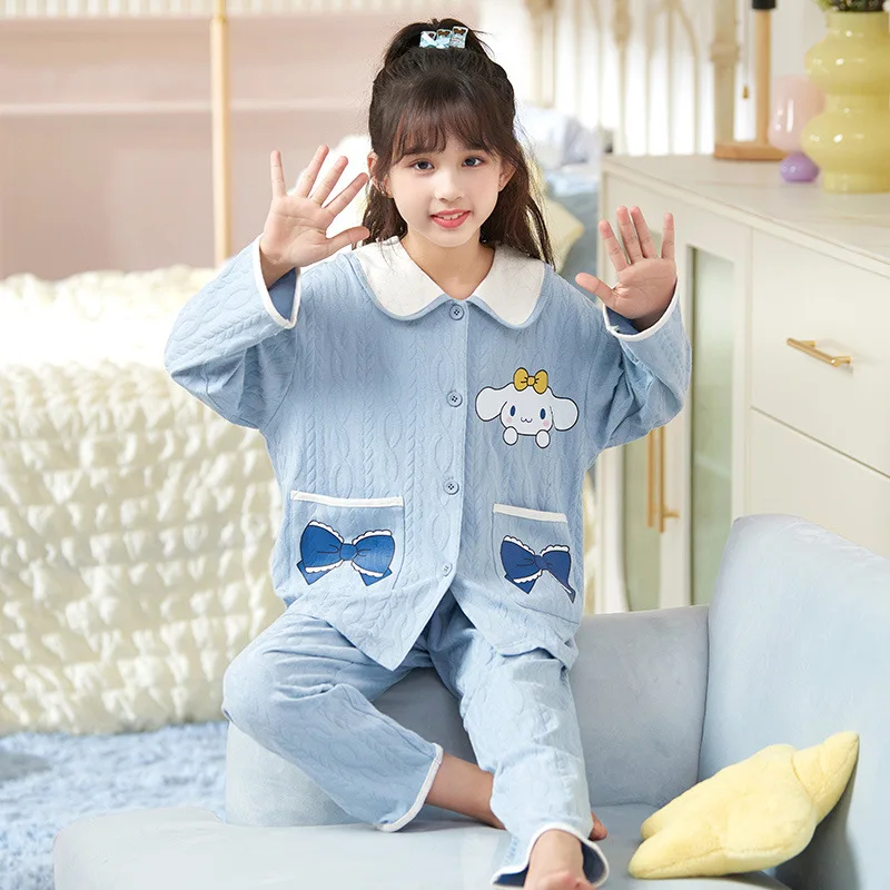 

Sanrio Cinnamoroll Children's Pajamas Loungewear Cardigan Long Sleeves Suit Close To The Body Soft Pure Cotton Cartoon Cute Hot