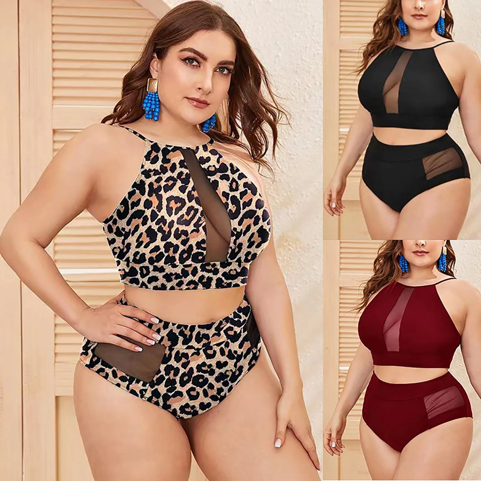 

Leopard Print Split Mesh Patchwork High Waist Briefs Fat Woman Swimwear