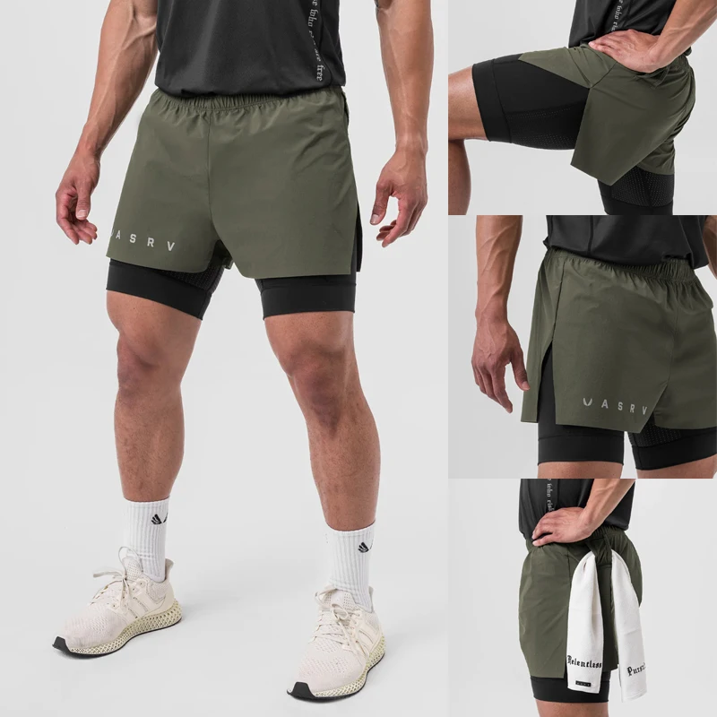 

Мужские спортивные шорты, быстросохнущие дышащие эластичные двухслойные штаны для бега и тренировок, для спортивного зала, фитнеса, 2 в 1