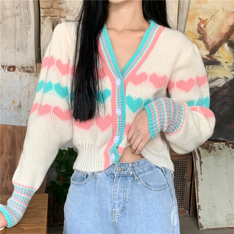 

Korean Fall Winter Preppy Style Sweet Kawaii V-Neck Heart-shaped Jacquard Full Sleeve Sweaters Knitting Pullover Sweater Female